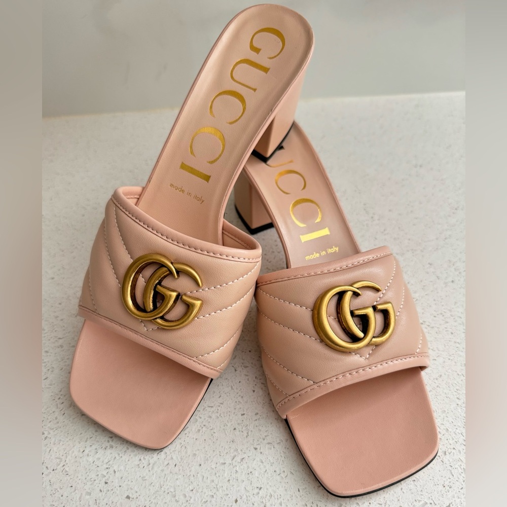 Gucci GG Block Heel Quilted Leather Sandals EU 39.5 US 9.5 Nude - Picture 6 of 8